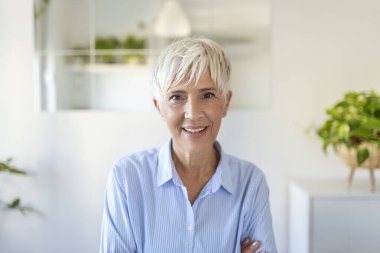 Kıdemli kadın kameraya bakıyor. Başarılı bir iş kadını. Gri saçlı mutlu yaşlı profesör..