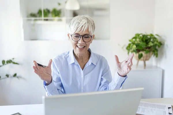 Cheerful Mature Woman Having Video Call Home Online Business Concept —  Fotos de Stock