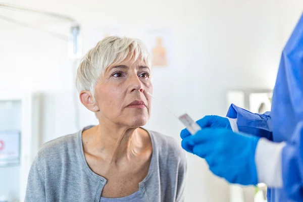 Doctor Laboratory Assistant Protective Suit Takes Swab Nose Sick Patient — Stock Photo, Image