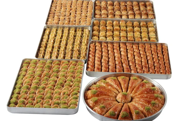Traditionelles Türkisches Dessert Baklava Sorten Mit Pistazien Walnüssen Mandeln Und — Stockfoto