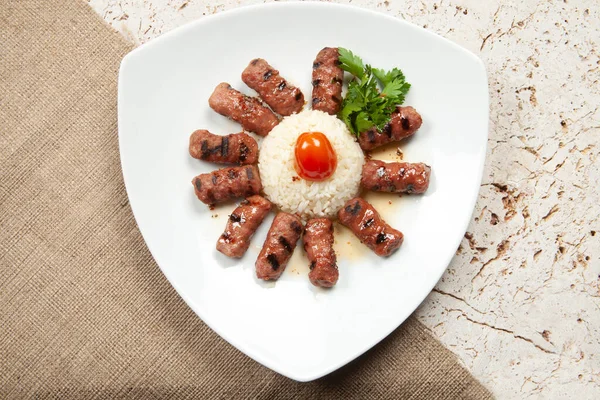 Török Kebab Inegol Húsgombóc Rizs Pilaf — Stock Fotó