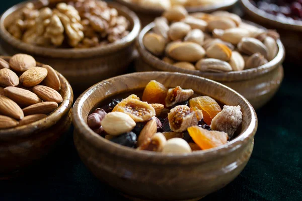 Nuts Dried Fruits Bamboo Plates — Stockfoto