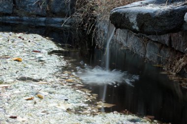 Bahçe sulama yosunlu gölet. Su çok eski taşlardan akıyor..