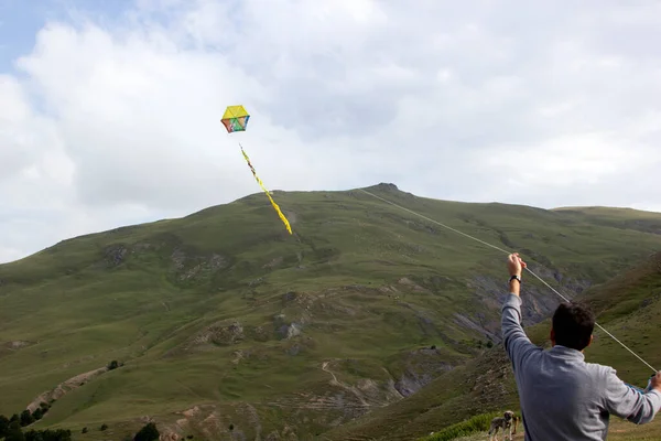 自然の中で凧を飛ばす幸せな男は — ストック写真