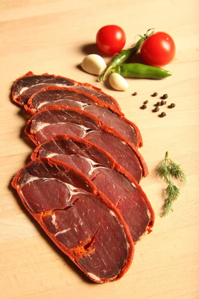 Bacon Turco Pastrami Kayseri Pastirma Pastrami Fresco Fatias — Fotografia de Stock