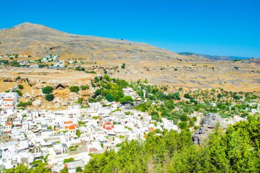 Yunanistan 'ın Rodos adasındaki Lindos Körfezi' nin güzel Akdeniz manzarası