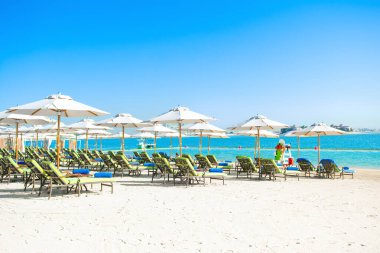 Sandy beach in luxury resort on Palm Jumeirah, Dubai, United Arab Emirates