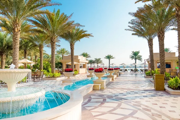Dubai, Birleşik Arap Emirlikleri - 28 Mart 2022 Palm Jumeirah 'daki lüks oteldeki güzel tropikal bahçe