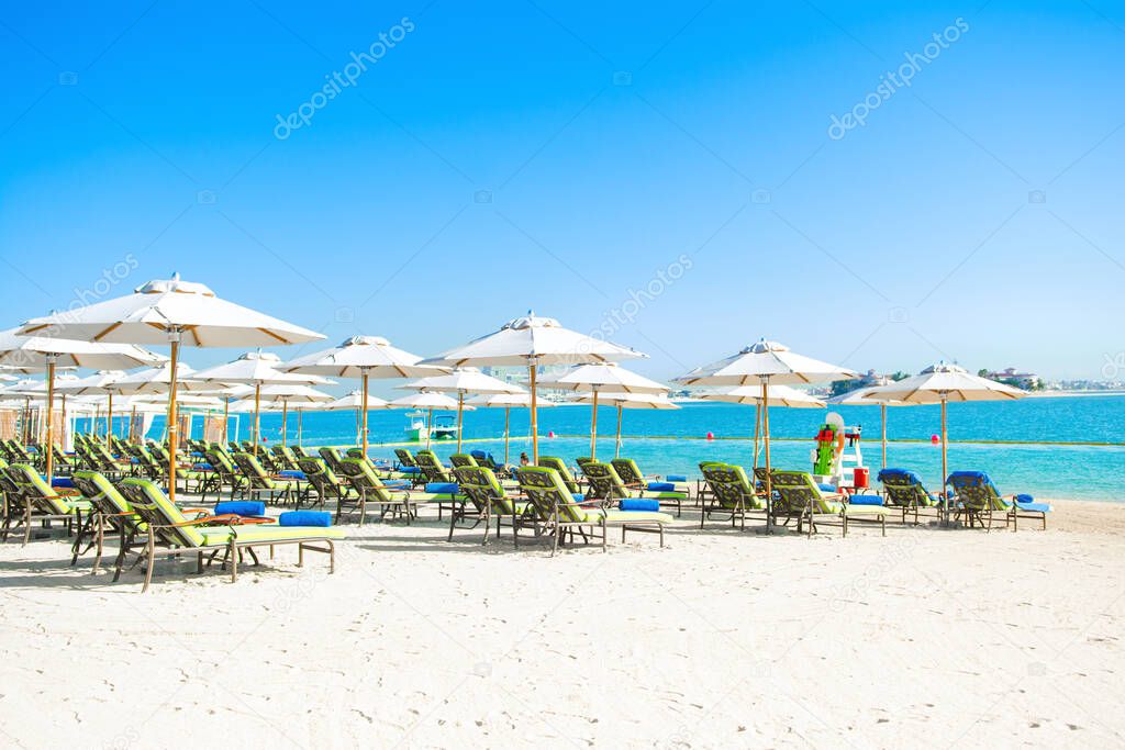 Sandy beach in luxury resort on Palm Jumeirah, Dubai, United Arab Emirates