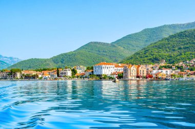 Tivat, Montenegro - July 10, 2022: Picturesque waterfront in Tivat on the shore of the Bay of Kotor - Boka Bay