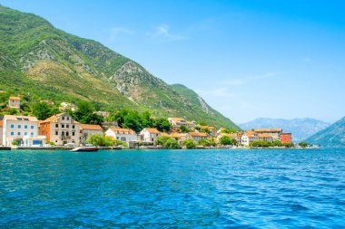 Prcanj, Montenegro - June 28, 2022: Landscape of the the historic town of Prcanj on the shore of Bay of Kotor