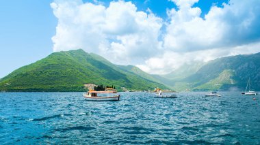 Perast, Montenegro - May 28, 2022: Beautiful panoramic landscape of the Bay of Kotor coastline - Boka Bay 