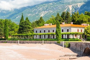 Landscape with former summer residence Villa Milocer overlooks the Adriatic Sea with beautiful green Royal park