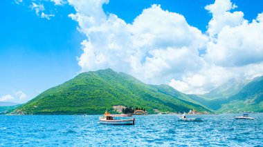 Perast, Montenegro - May 28, 2022: Beautiful panoramic landscape of the Bay of Kotor coastline - Boka Bay