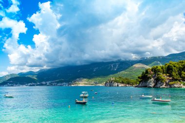 Budva, Montenegro - July 22, 2022: Beautiful summer landscape of the Adriatic coast in The Budva Riviera, Montenegro