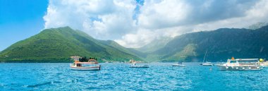 Perast, Montenegro - May 28, 2022: Panoramic landscape of the Bay of Kotor coastline