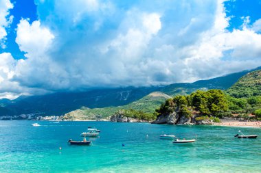 Budva, Montenegro - July 22, 2022: Beautiful summer landscape of the Adriatic coast in The Budva Riviera