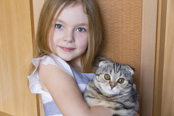 Menina com gatinho cinza — Fotografia de Stock