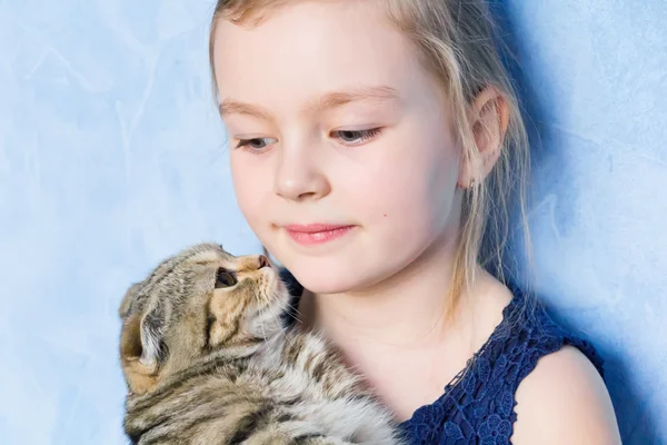 Mädchen mit grauer Miezekatze — Stockfoto