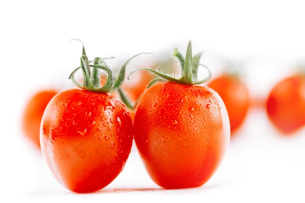 Cherry tomato on white backdrop with tomatoes on background, sh — Stock Photo, Image