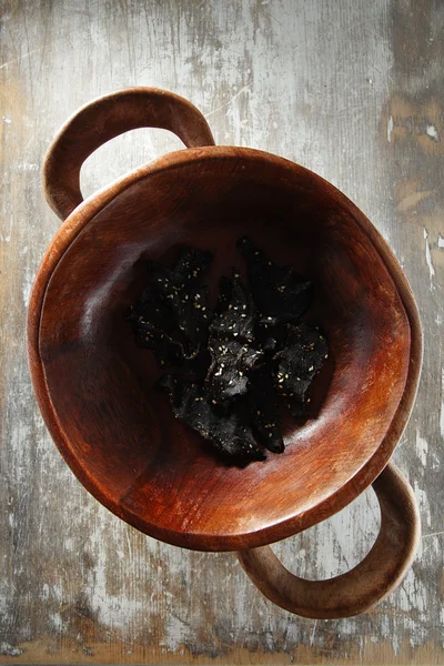 Jerky beef - homemade dry cured spiced meat in wooden bowl — Stock Photo, Image