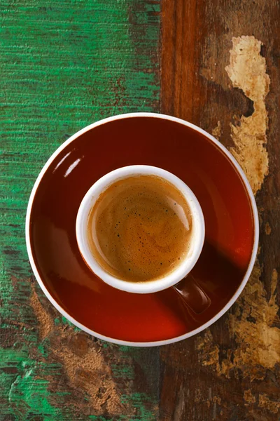 Espresso coffee cup on rustic table — Stock Photo, Image