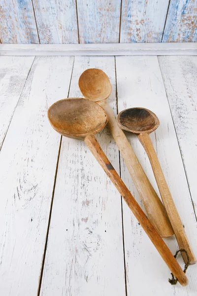 Retro kitchen utensils wood spoon on old wooden table in rustic — Stock Photo, Image