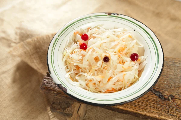 Sauerkraut - Sour cabbage - enamel bowl — Stock Photo, Image