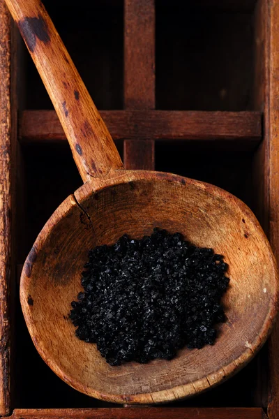 Hawaiian Black lava sea salt in rustic wooden spoon — Stock Photo, Image