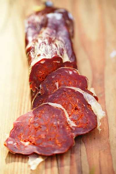 Spanish fine jamon chorizo sausage, shallow dof — Stock Photo, Image