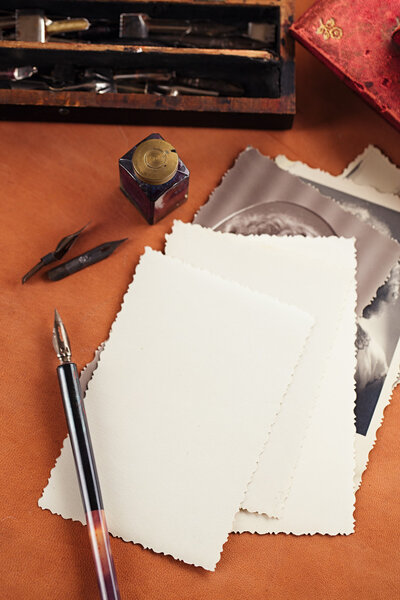 Retro photos , vintage ink , pen, blotter and camera