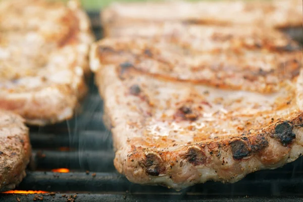 Marinated juicy pork ribs on grill — Stock Photo, Image