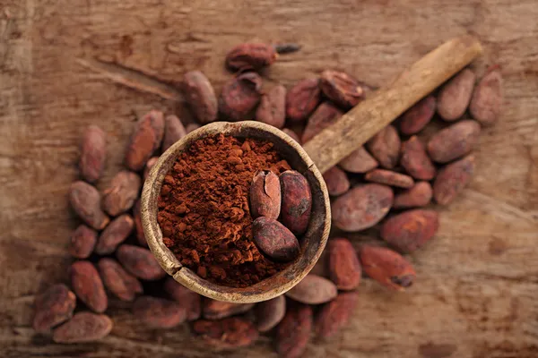 Cacao en polvo en cuchara sobre granos de cacao tostados — Foto de Stock