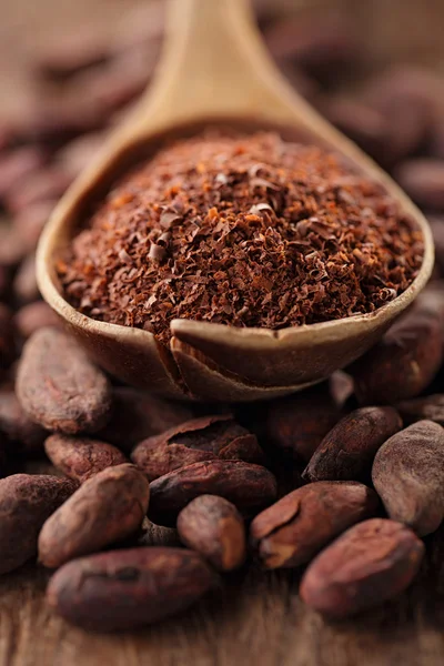 Cocoa powder in spoon on roasted cocoa chocolate beans backgroun — Stock Photo, Image