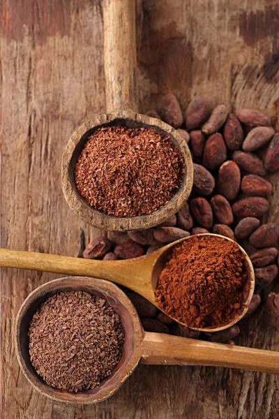 Какао-бобы, хлопья горячего шоколада и тертый темный шоколад в о — стоковое фото