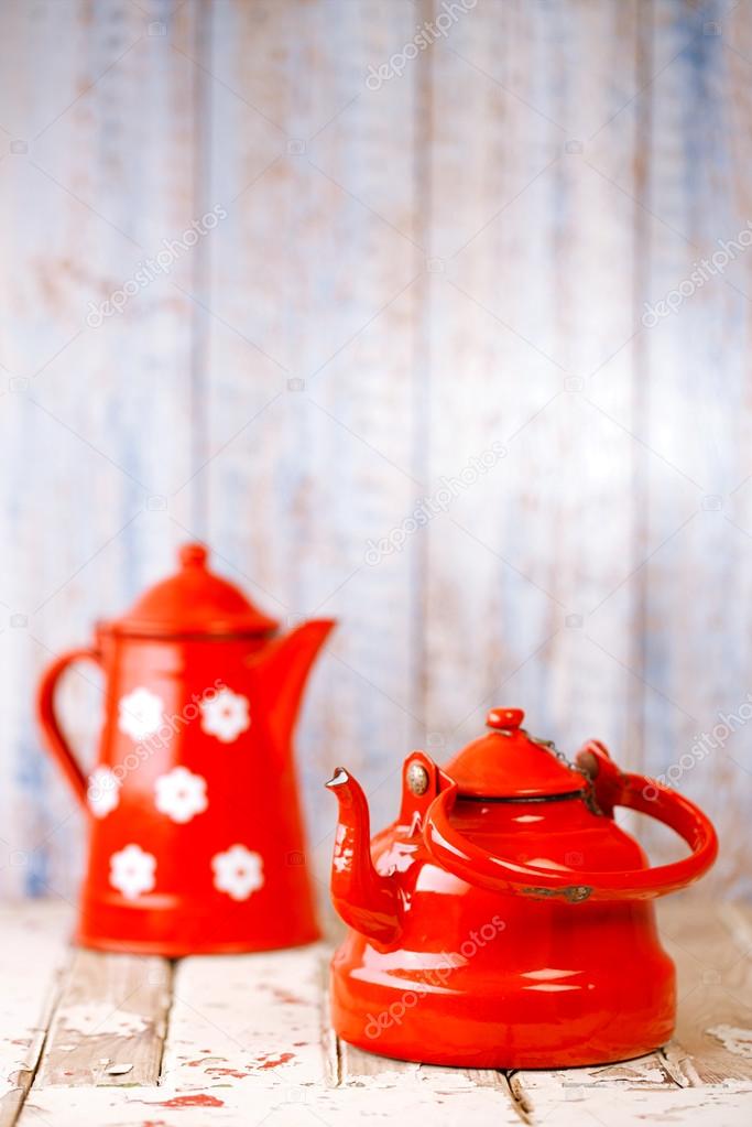 Red and white Enamel Tea Coffee Pots