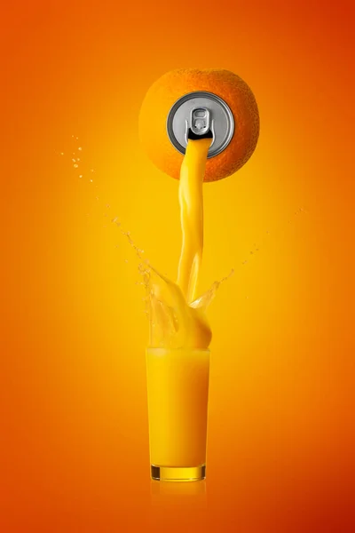 orange juice is pouring from an orange into a glass with many splashes on an orange background.