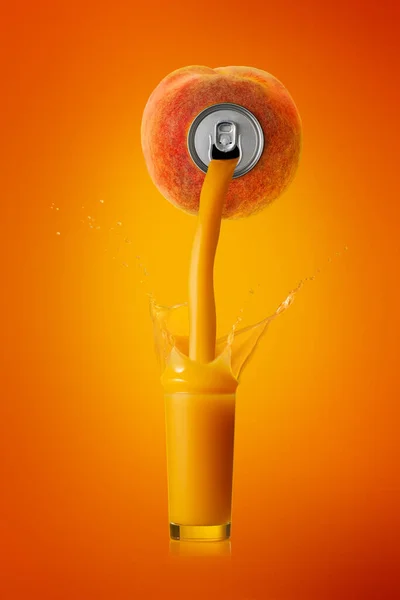 Peach Juice Pouring Peach Glass Many Splashes Orange Background Immagini Stock Royalty Free