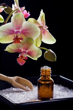 Orkide çiçek ve bl üzerinde banyo tuzu ile uçucu yağ şişe