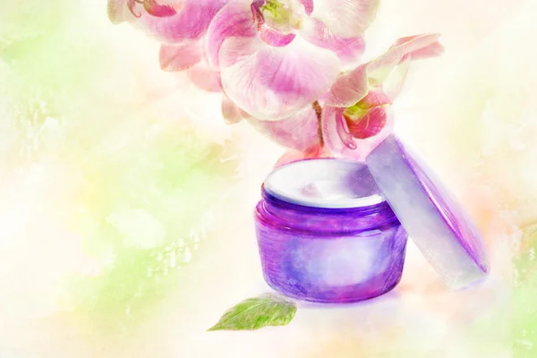 Face or body cream with orchid flowers, painted image — Stock Photo, Image