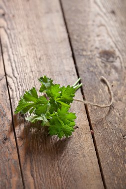 Demet taze maydanoz üzerinde ahşap masa, closeup çekim