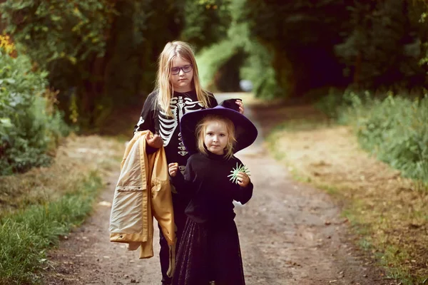 Δύο αδελφές ντυμένες σαν σκελετοί και μάγισσες που πηγαίνουν σε αποκριάτικο πάρτι και για φάρσα ή κέρασμα, φθινόπωρο. — Φωτογραφία Αρχείου