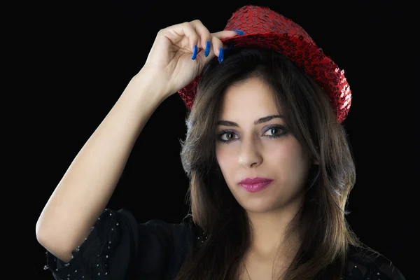 Jeune fille caucasienne avec chapeau rouge — Photo