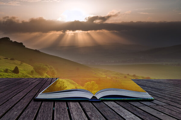 Creative composite image of Summer landscape in pages of magic book