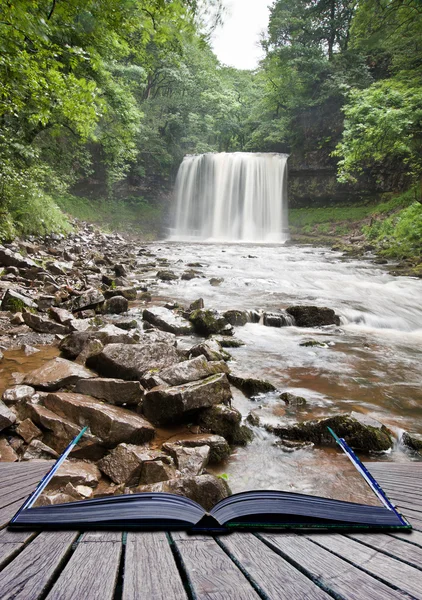 Creatief concept afbeelding van waterval in bos in pagina's van boek — Stockfoto