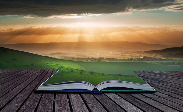 Creative composite image of Summer landscape in pages of magic book