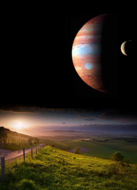 Countryside sunset landscape with planets in night sky Elements clipart