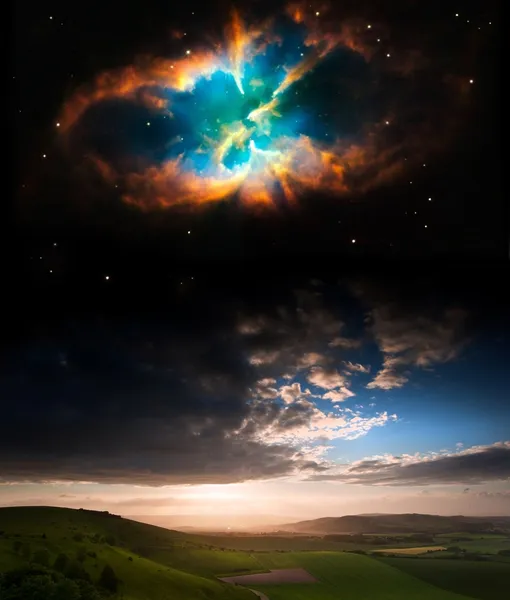 Paisagem do pôr do sol no campo com planetas no céu noturno Elementos — Fotografia de Stock