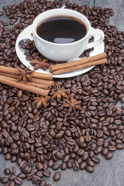 Coffee with cinnamon sticks and star anise surrounded by beans — Stock Photo, Image