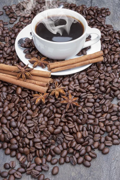 Steaming hot coffee with cinnamon sticks and star anise surround — Stock Photo, Image